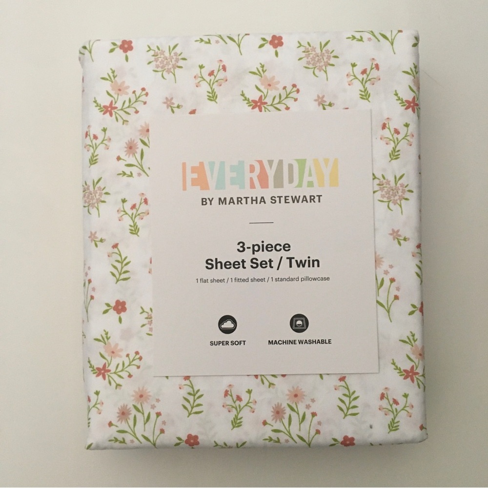 TWIN Size Set 4pc Flat, Fitted, 2 Pillowcases Floral Print | Martha Stewart NEW